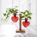 Remerry Red Heart Plant Terrarium with Wooden Stand 2 Heart Glass Vases Planter Propagation Station Tabletop Planter for Hydroponics Decor Plant Lover Gift