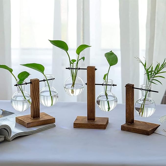 Hydroponic Plant Vases with Wooden Stand, Desktop Clear Glass Bulb Shape Vase Terrarium Planter Holder for Office Desk Wedding Decor, 2-Glass Beaker Bulbs