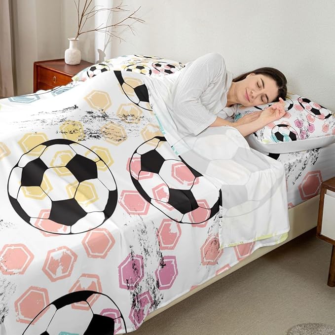 Queen Sheet Set Kids Football Bed Sheet Set For Boys Girls Bedroom Soft Microfiber Soccer Ball Sports Theme Decor Bed Sheets 3D America Football Games Bedding Set with Deep Pocket Fitted Sheet