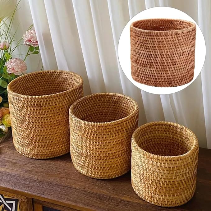 Basket Baskets Wicker Woven Storage Rattan Round Can Trash Fruit Seagrass Empty Bread Large Laundry Planter Blankets Gifts (17X17CM)