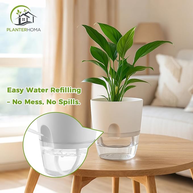 Planterhoma 3 Pack Self Watering Pots for Indoor Plants, 6 Inch Plant Pot Plastic Self Watering Planter for Orchid, African Violet, Small Clear Flower Pots with Drainage Holes and Wicking Rope, White