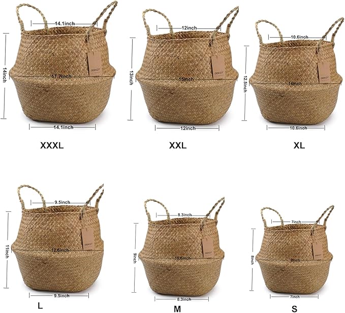 Large Woven Seagrass Belly Basket for Plant, Grocery, Picnic, 12" Diameter x 14" Height