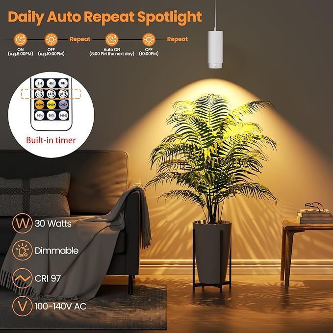 Zoomable Remote Pendant Grow Lights with Auto On/Off Timer, 30W Full Spectrum LED Plant Light 2700K-6000K Dimmable Plug in Hanging Lights for Indoor Plants 20FT Power Cord, White