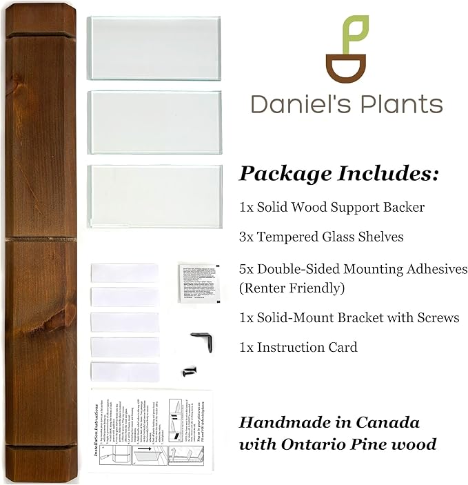 Daniel's Plants 3 Tiered Window Sill Plant Shelf (Real Wood & Glass) | Renter Friendly Window Shelves | Removable Indoor Plant Stand with Hook-and-Loop | Easy Setup | Solid Wood (Woodland Brown)