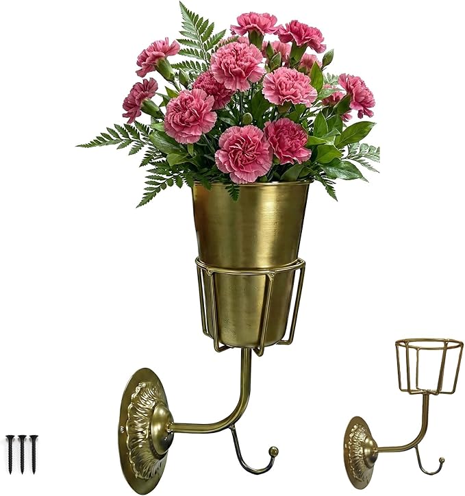 Gold Wall Planter, Wall Vase – 9.84×6.30×4.92 Inches Metal Gold Wall Planter Wall Vase – Hanging Wall-Mounted Flower Pot for Indoor Outdoor Home Decor Living Room Balcony