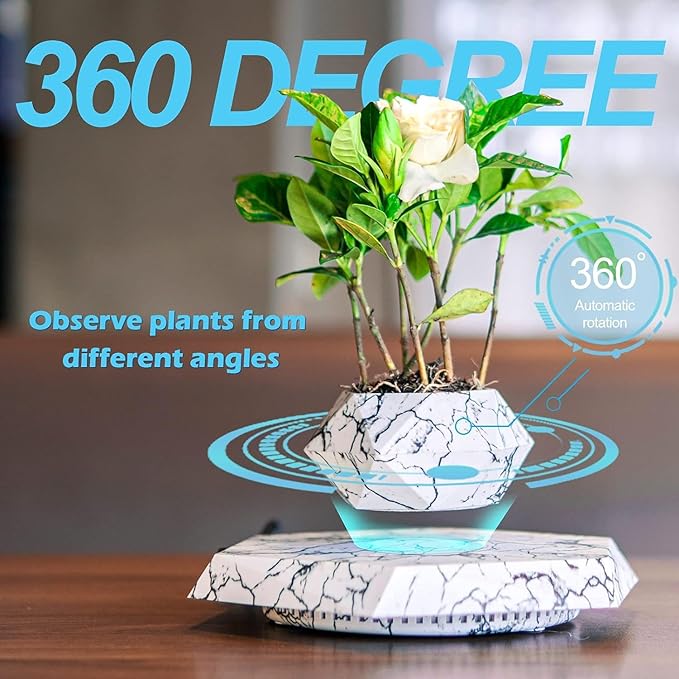 Levitating Plant Pot, Magnetic Levitation Flower Pot Rotating Planters Suspension Floating Plant Succulents Potted for Home Living Room Office Desk Decoration (Imitation Marble Pattern)