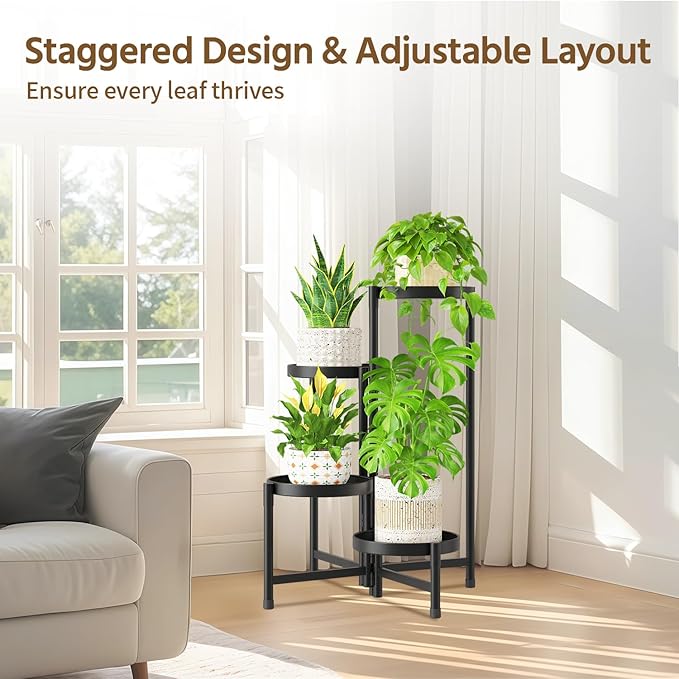 LASZOLA 4 Tier Large Plant Stand Indoor Tall with 10 Inch Metal Tray, Corner Folding Flower Display Rack, Modern Plant Holder Shelf for Outdoor Patio Porch Garden Office Living Room, Black