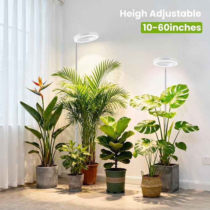 Kullsinss White Grow Light, Full Spectrum LED Plant Lights for Indoor Growing with 6/12/16H Timer, 3 Color Modes, 5 Brightness, 10"-65" Height Adjustable Plant Grow Lamp for Large Indoor Plants