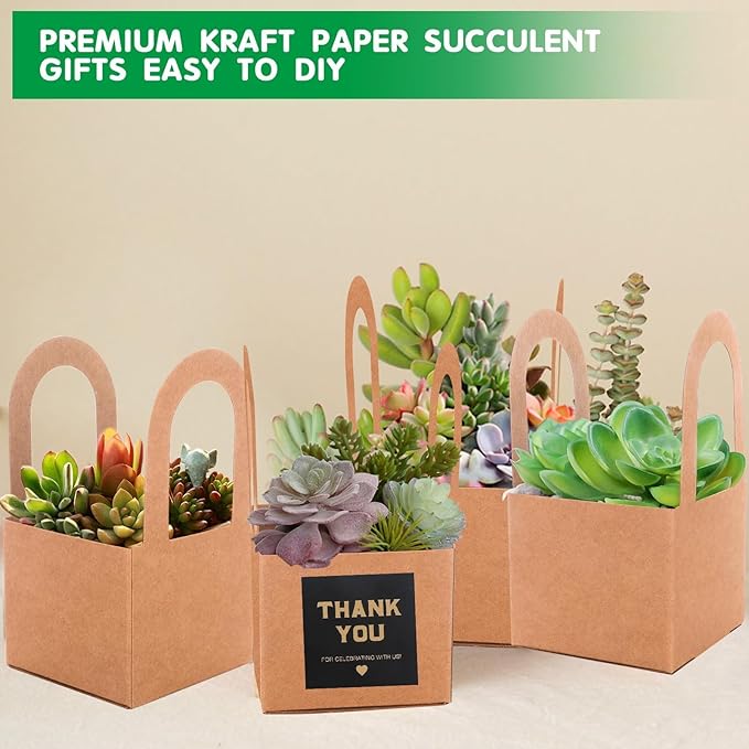 60 Pcs Succulent Wrap Bags Bulk 2.75 Inch Mini Kraft Paper Succulent Wrap Bags with Handles & Thank You Stickers for Wedding Baby Shower Succulent Party Favors for Guests