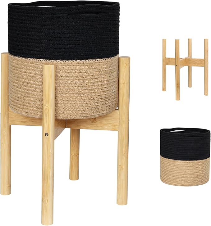 Plant Basket with Stand, Indoor Round Wicker Basket Plant with Bamboo Wood Stand, Decorative Black Woven Cotton Rope Flower Indoor Planter with Legs, Boho Bamboo Wood Planter Holder