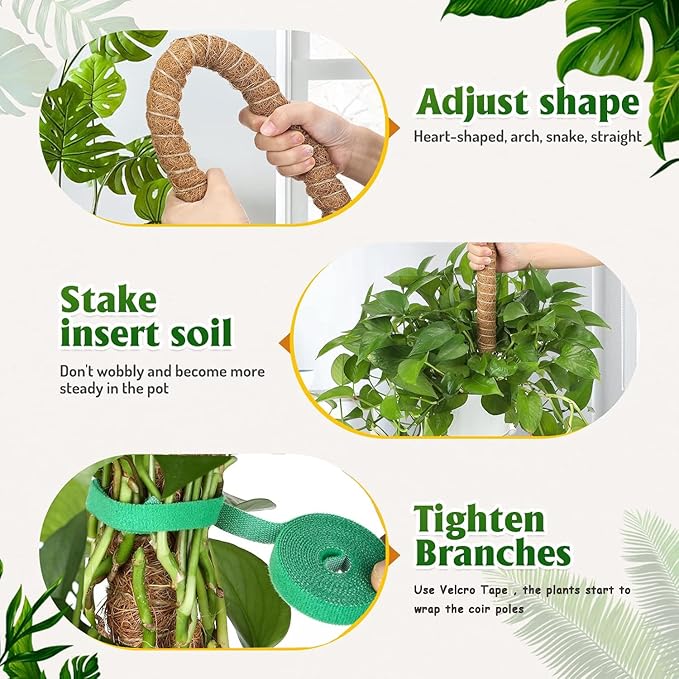 2 Pack Bendable Moss Pole 48" 63" Monstera Plant Support for Climbing Indoor Plants Tall Coir Plant Pole Sticks Support Stakes for Potted Plants, Pothos, Philodendron