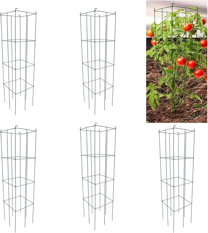 MTB Green Square Folding Tomato Cage Plant Support Tower 12 inch by 46 inch, Pack of 5 Sets