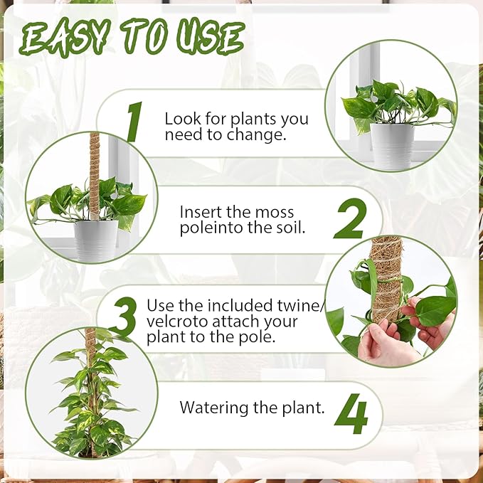 Deergo 30 Inch Moss Pole, 2 Pack Bendable Coconut Fiber Plant Support for Small Creeper Plants Climbing