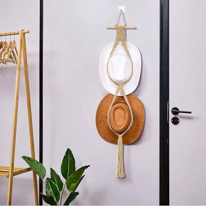 Yulejo Macrame Hat Hangers Boho Hat Rack Cowboy Hat Hanger Back of Door Hat Organizer (Beige,Two Hats Style)