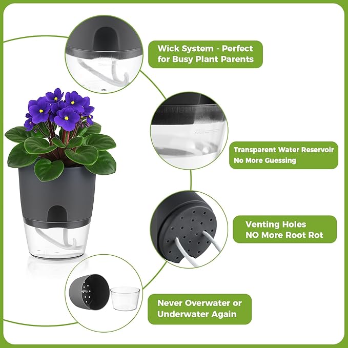 3 Pack Self Watering Pots for Indoor Plants, PlanterHoma 6 Inch Plant Pot Plastic Self Watering Planter for Orchid, African Violet, Small Clear Flower Pots with Drainage Holes and Wicking Rope, Grey
