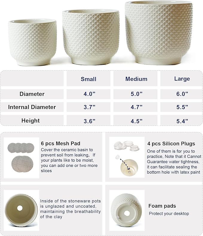 4 + 5 + 6 Inch Ceramic Pots for Indoor Plants, Succulents Plant Pots, Orchid Flower Pot with Drainage Hole, Modern Clay Stoneware Planters, Set of 3 (White, 4+5+6 Inch)