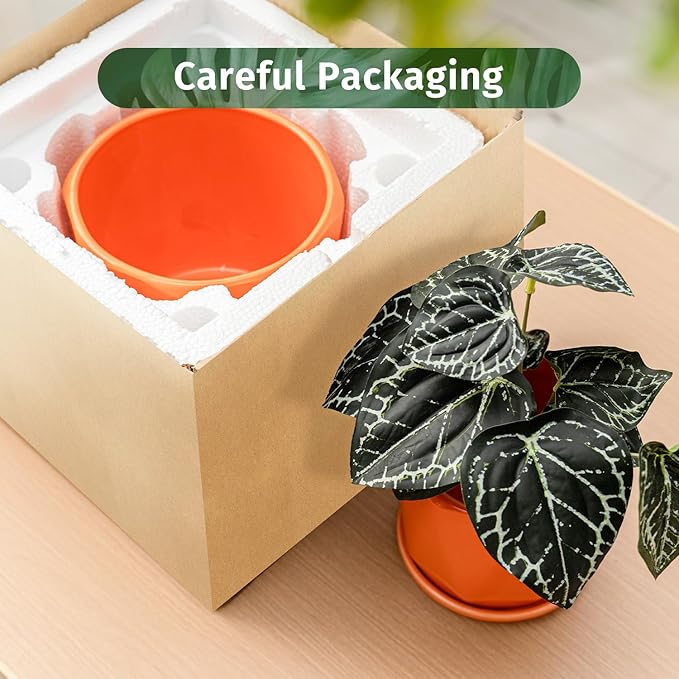 Ceramic Plant Pots, 6.7 + 5.3 + 3.9 Inch Octagon Pots for Plants, Flower Planters for Indoor with Drainage and Saucer Set of 3, Bright Orange