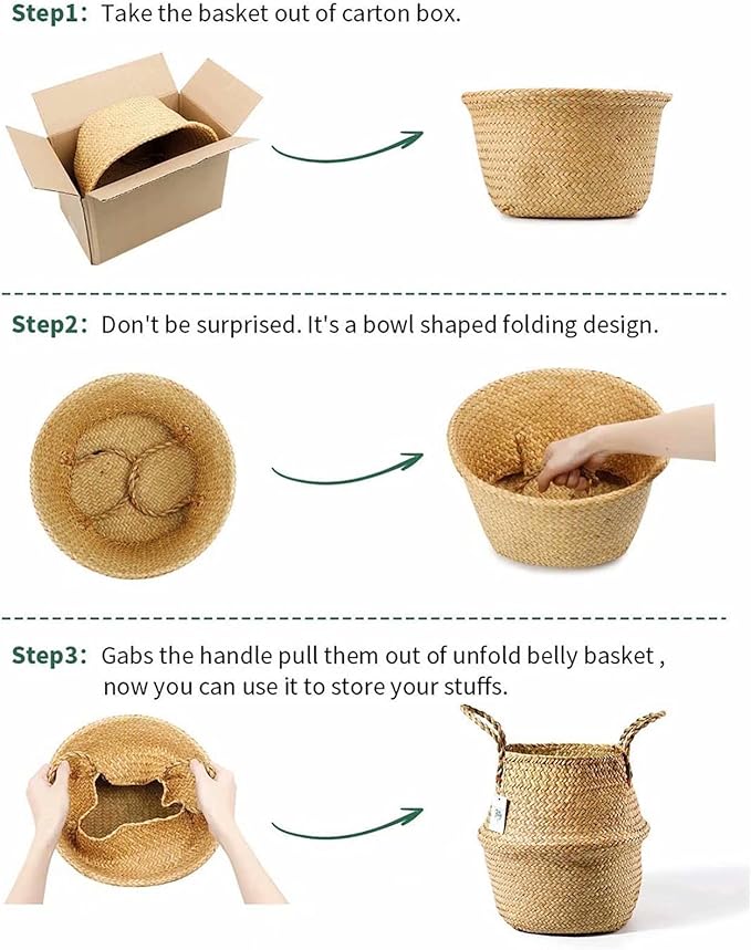 Seagrass Plant Basket Set of 3 Handmade Woven Belly Basket with Handles 3 Different Size Home Decor Storage Basket Large Storage Laundry Picnic Plant Pot Cover Pot Woven Straw Basket(S+M+L,Original)