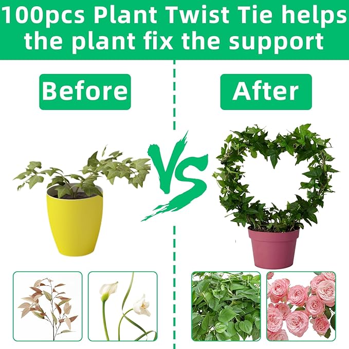2 PCS Heart Shaped Plant Trellis Indoor with 100 Plant Twist Tie, Iron Heart Trellis for Indoor Climbing Plants Vine Stem Support Hearts Wire, Houseplant Hearts Trellis for Potted Plants