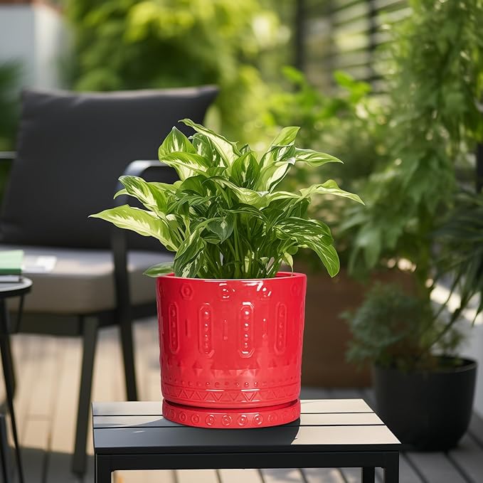 Eightpot 10 Inch Plant Pot, Ceramic Pots for Plants for Indoor Outdoor Plants, Round Planter with Drainage Hole and Tray, Boho Decorative Flower Pots, Front Porch Decor, Gifts for Plant Lovers, Red