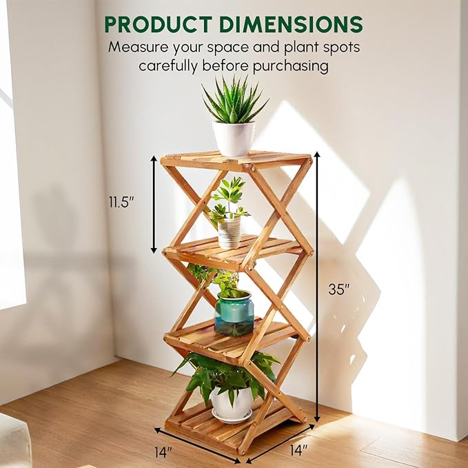 BEEFURNI Acacia Ladder Plant Stand Indoor Corner, Wooden Outdoor Plant Stand 4 Tier, Foldable Multi Tier Plant Stand, Corner Plant Stand Indoor, Tall Plant Rack For Office, Balcony, Patio, 1-year Warranty