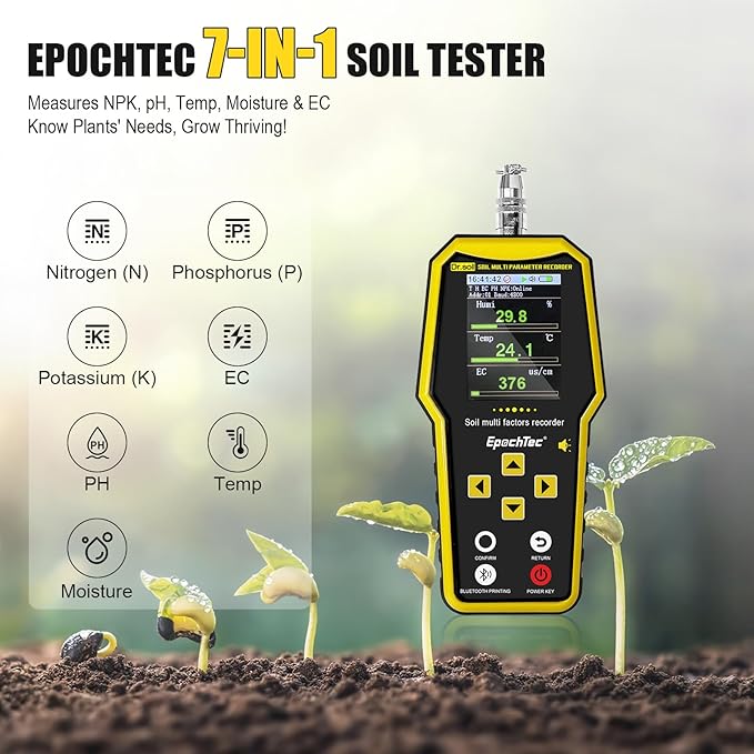 7 in 1 Soil Tester, ±1% High Precision Digital NPK Tester with Soil PH Meter/Moisture/Temperature/EC Monitor, Soil Test Kit for Geological Survey, Agriculture, Plant with Data Storage &Export