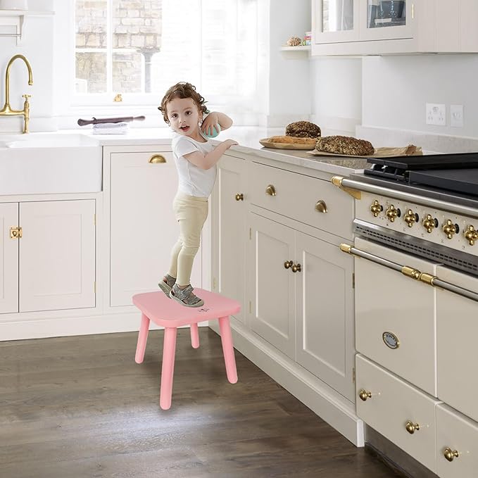 BEE&OAK 11 Inch Wooden Step Stools for Adults, Solid Rubber Wood Non-Slip Step Foot Stool, Heavy Duty 300 lbs One Step Stool for Bedroom, Bathroom, Kitchen,Outdoor (Pink)