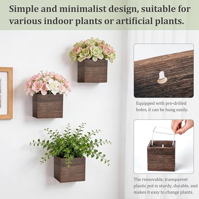 Dahey Small 4 Inch Wood Wall Hanging Planter Boxes for Indoor Plants 3 Pcs Square Rustic Farmhouse Wall Mounted Flower Pot Vases with Plastic Liner for Garden Home Centerpiece Decor(No Plant Included)