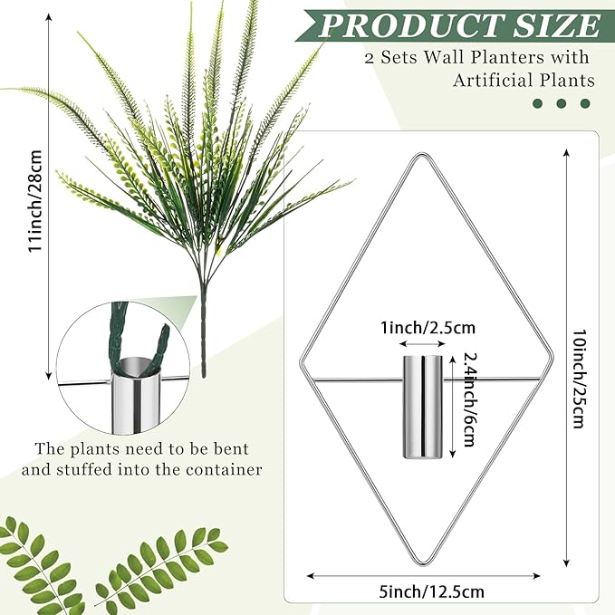 Canlierr 2 Pieces Wall Decor Hanging Planters with Artificial Plants Metal Hanging Vase Indoor Plants Holder Modern Boho Wall Art for Bathroom Bedroom Living Room Decor(Silver,Boston Fern)