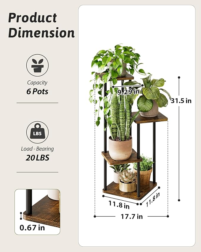 GENTINGBRO Tall Plant Stand Indoor 4 Tiered Plant Shelf for Multiple Plants Coner Shelf Stand Wood Plant Stand Metal Shelving for Living Room Bedroom Balcony Patio Brown Oak