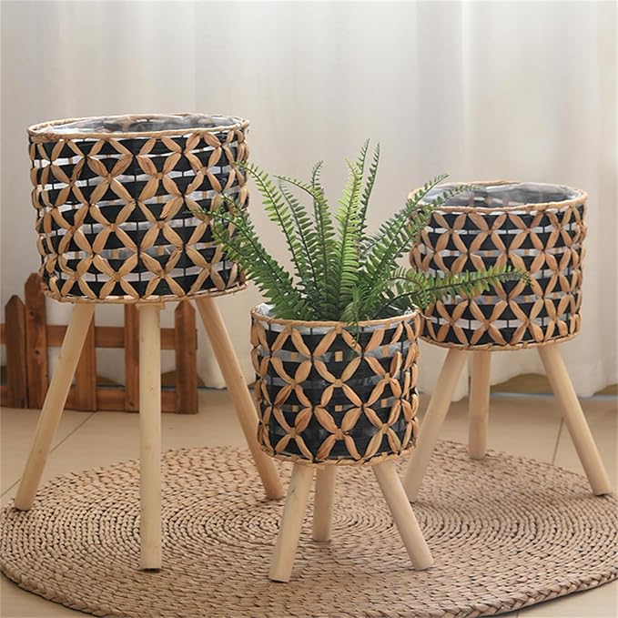 Woven Planter Baskets with Plastics Lining and 3 Wooden Legs, Wicker Planter Basket,Boho-Plant Pot with Stand,Plant Baskets Indoor with Liner for Plant, Flowers, Toy, Country Farmhouse