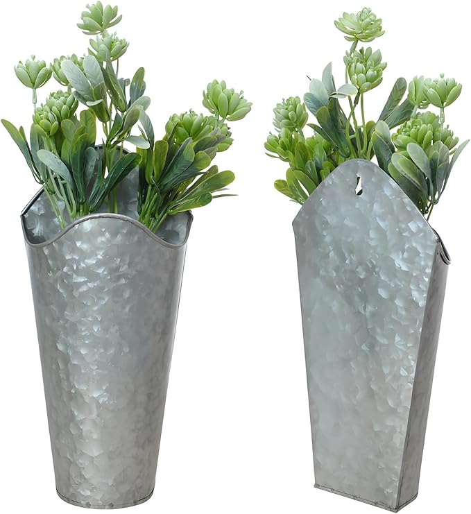 2 Pack Galvanized Metal Wall Planters, Hammered Silver Wall Mounted Flower Vases, Rustic Farmhouse Wall Decor for Dried Flowers, Greenery, Bathroom, Bedroom, Living Room (Silver)