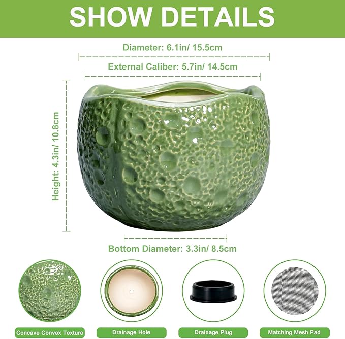 6 Inch Plant Pot - Orchid Pot with Drainage Hole, Ceramic Planter for Indoor Outdoor, Decorative Plant Pots, Modern Round Unique Flower Pots, Living Room Decor, Gifts for Women Men, Green