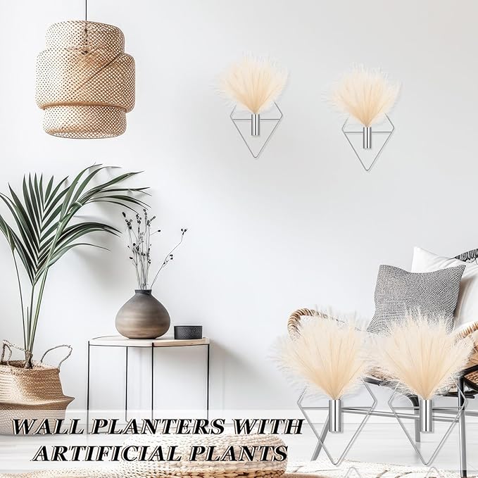 Canlierr 2 Pieces Wall Decor Hanging Planters with Artificial Plants Metal Hanging Vase Indoor Plants Holder Modern Boho Wall Art for Bathroom Bedroom Living Room Decor(Silver,Pampas Grass)