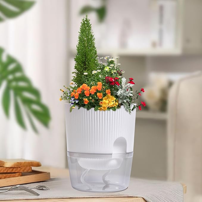3 Pack - 5.5 Inch Self Watering Planter Pots for Indoor Plants - African Violet Pots with Wick Rope - White