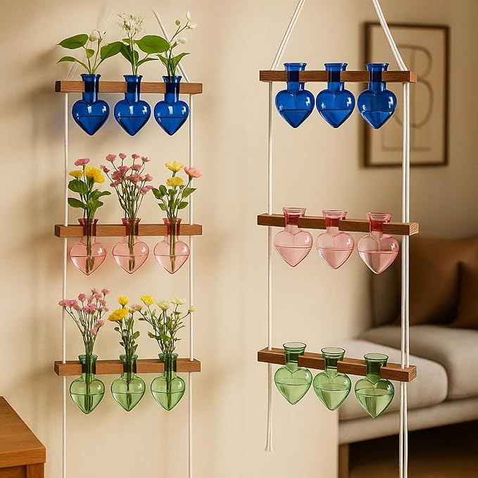 Leinuosen Wall Hanging Plant Propagation Stations Mother Gifts for Her Plant Lovers 3 Tiered 9 Heart Shaped Glass Vases Terrarium with Wooden Stand for Hydroponics Indoor Garden Home Decor(Multicolor)