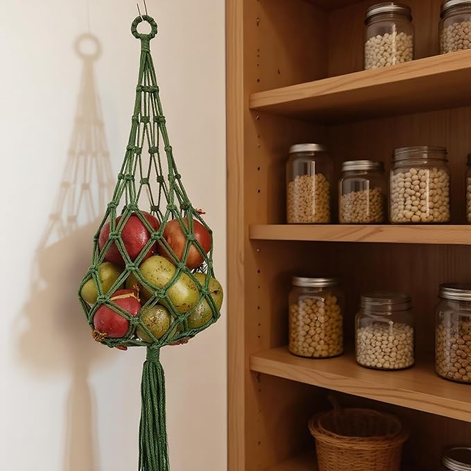Macrame Hanging Produce Bag, Cotton Net Storage Holder with Tassel, Kitchen Fruit Vegetable Organizer (green)