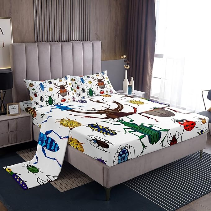 Feelyou Kid's Sheets Deep Pocket Queen Size Cute Cartoon Bug Bed Cover Set Soft Breathable Colorful Beetle Sheets Boys Bedroom Decor Bedding