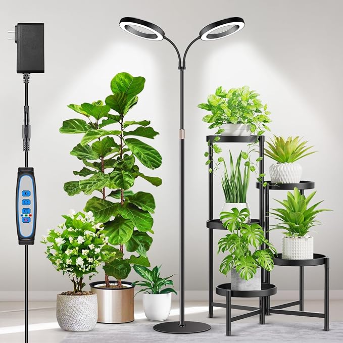 Aumtrly Large Plant Light for Indoor Plants, 2 Head Full Spectrum Grow Light with 68" Adjustable Stand for Growing Large Tall Plants, Black Halo Floor LED Grow Lamp with 16 Hour Timer