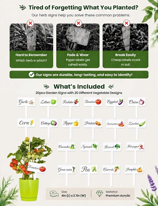 20Pcs Garden Signs for Vegetables, 20 Styles Waterproof Reusable Plant Label Signs, Fruit Plant Stakes Tags with Names for Indoor Outdoor Garden Decoration