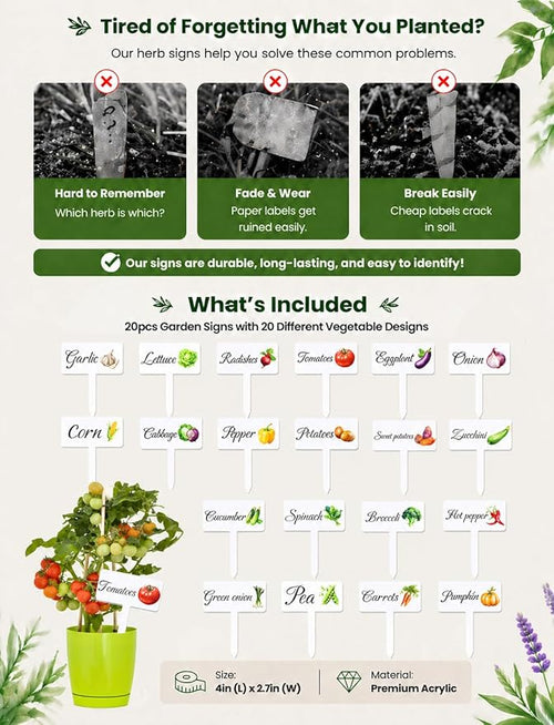 20Pcs Garden Signs for Vegetables, 20 Styles Waterproof Reusable Plant Label Signs, Fruit Plant Stakes Tags with Names for Indoor Outdoor Garden Decoration