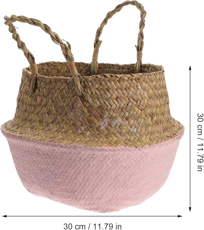 Luxshiny Woven Seagrass Planting Basket with Handles, Decorative Foldable Rattan Planter Pot for Indoor Flower Gardening, 27cm Diameter Pink Boho Storage Basket for Living Room Decor