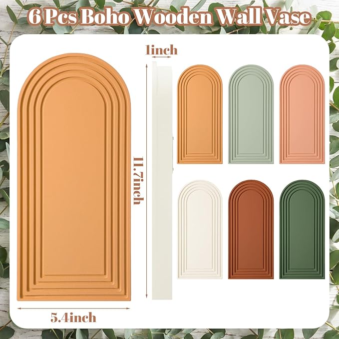 6 Pack Boho Wooden Wall Vase Hanging Wall Planters Decor Modern Farmhouse Plant Holders for Indoor Living Room Bedroom Bathroom Kitchen Home Office Decoration(Classic Colors)