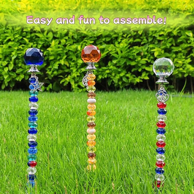 72Pcs Fairy Wand Beaded Garden Stakes Kit, Decorative Garden Stakes Beadable Items Fairy Garden Kit for Different Festivals Fairy Garden Accessories Outdoor, Ball-(Orange+Blue+Whit)