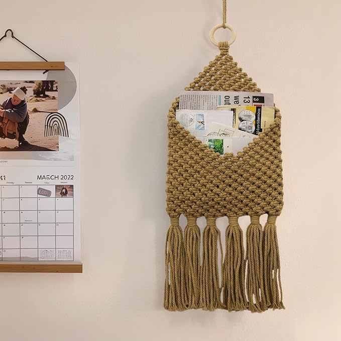 Macrame Mail Organizer Wall Mounted, Hanging Woven Basket for Boho Home Office Decor, Over the Door Key and Mail Letter Envelope Holder for Entryway Hallway, Olive Green