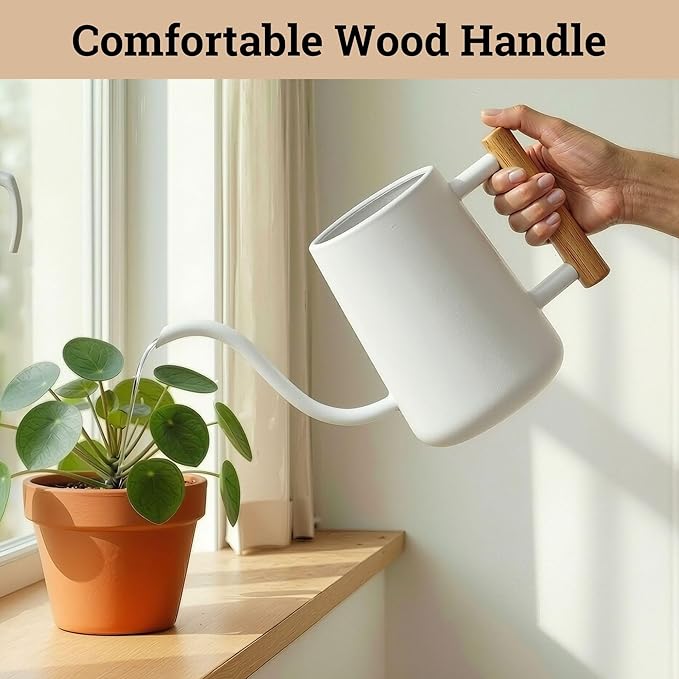 35 oz Metal Small Indoor Watering Can with Long Spout & Real Wood Handle for House Plants, Succulents, Cacti & Seedlings - White Long Spout Watering Can Indoor Plants - Stylish, Gentle Flow, No Spills