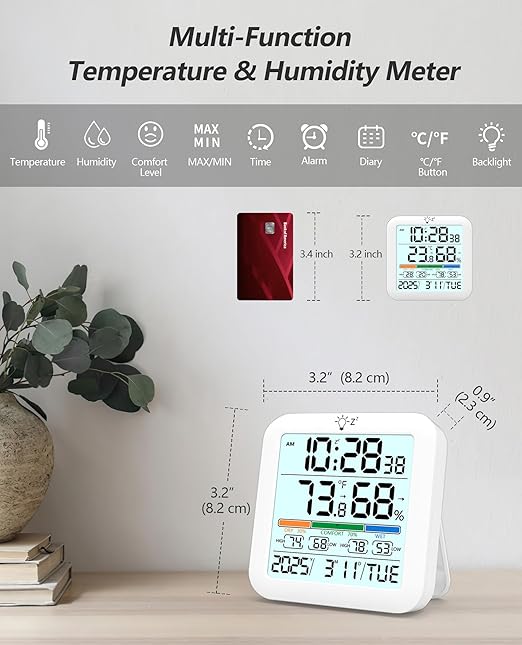 Mini Digital Indoor Thermometer Hygrometer Clock, Room Temperature Humidity Monitor with Calibration, Backlight, Air Comfort Indicator, 24H Max Min Record, Time, Alarm for Home (Size：3.2"x 3.2")