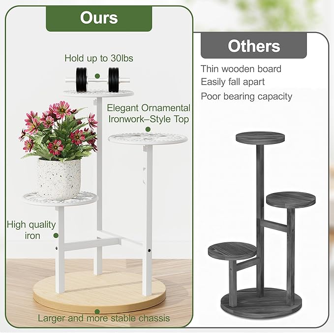 3 Tier Plant Stand Indoor Outdoor, Tall Metal Wood Shelf Corner Flower Pot Tiered Flower Pot Stands for Patio Garden Balcony Living Room Bedroom