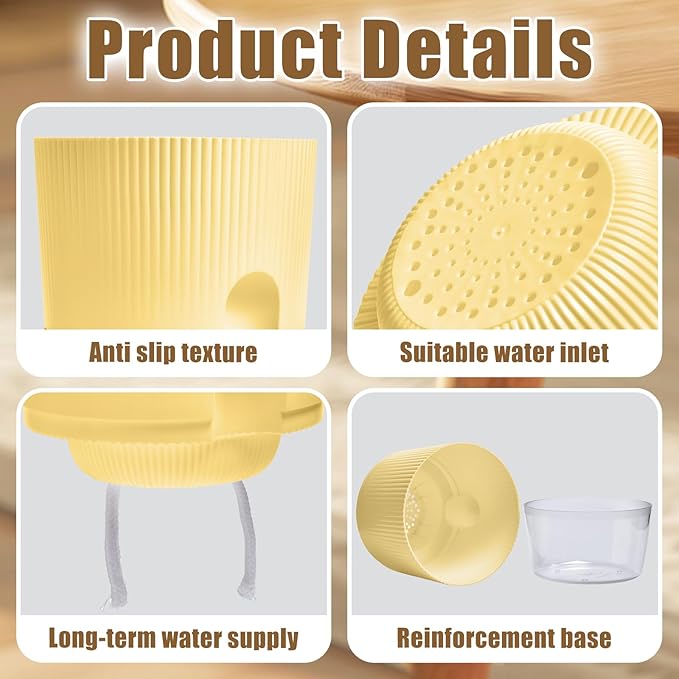 3 Pack Self Watering Planter Pots for Indoor Plants - 5.5 Inch African Violet Pots with Wick Rope - Yellow