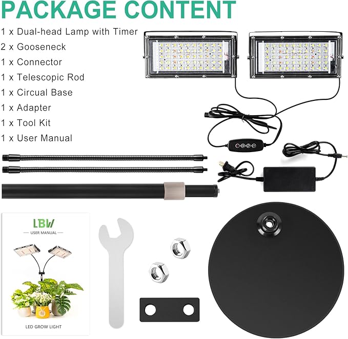 LBW Grow Light for Indoor Plant,Full Spectrum Dual Heads Desk Plant Light,Grow Lamp with 3H/6H/12H Timer,6-Level Brightness,3 Lighting Mode,Height Adjustable,Flexible Gooseneck,Ideal for Indoor Growth